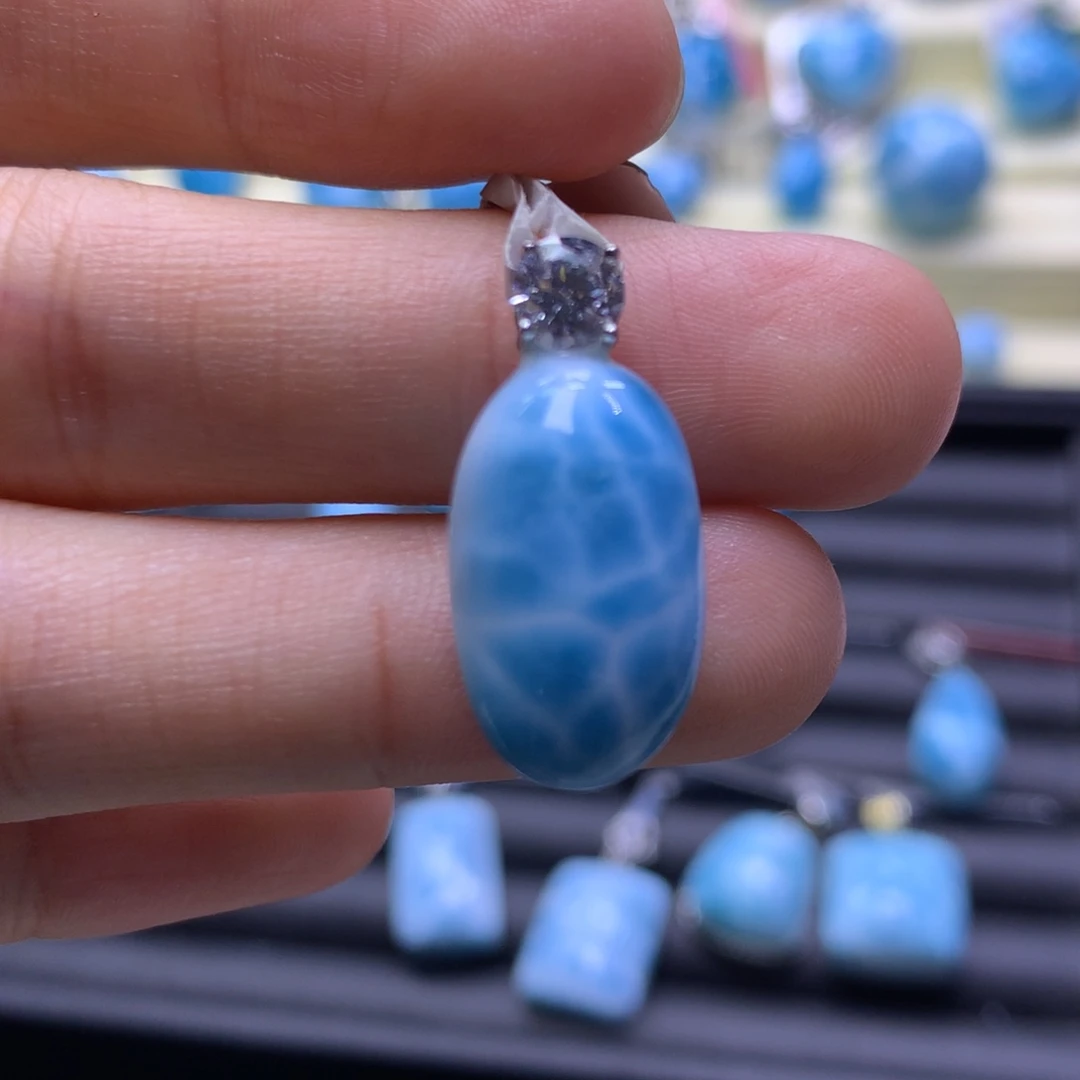 针钠钙石（海纹石）银S925镶嵌吊坠(不含链)蛋面吊坠色差略异