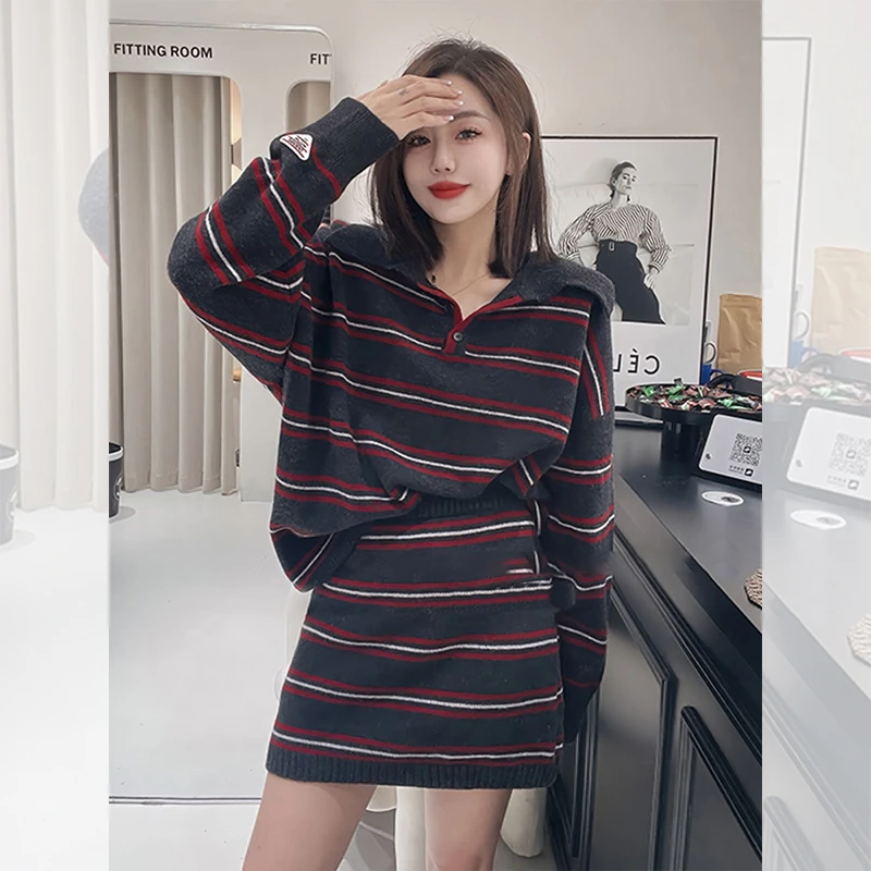秋冬女装御姐风入冬衣服穿搭一整套深灰色条纹毛衣针织裙子两件套