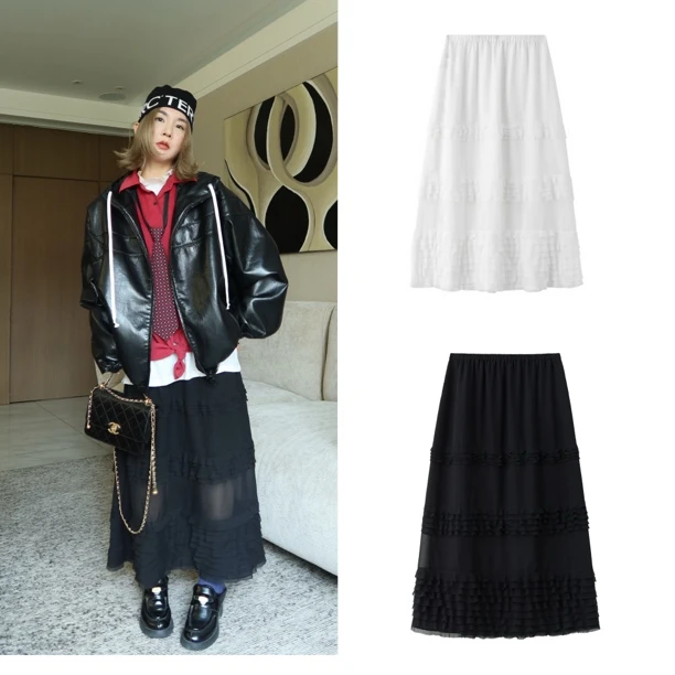 正品现货ICE拼接蕾丝半身裙女25秋冬新款高级设计感显瘦蛋糕裙子