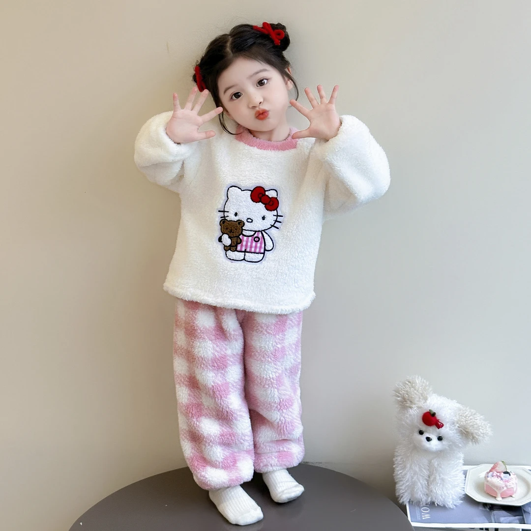 女童睡衣套装2025新款秋冬法兰绒女宝宝休闲可爱KT猫珊瑚绒家居服