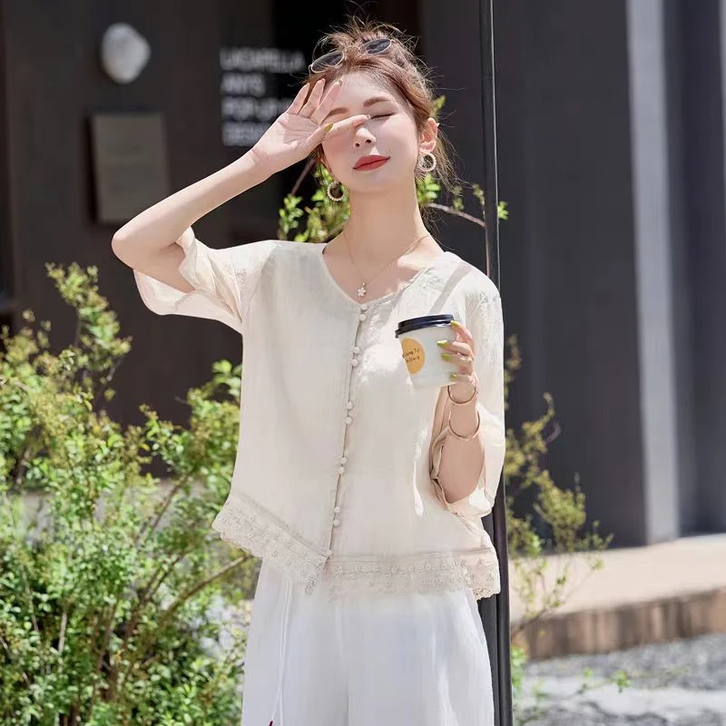 复古文艺苎麻短袖衬衫女2025夏季新款下摆蕾丝花边五分袖休闲百搭
