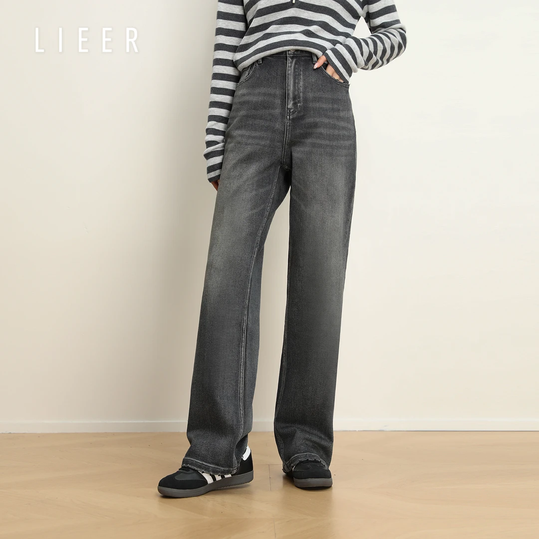 SASA「漫画腿直筒牛仔」 烈儿 新疆棉烟灰色弹力直筒裤 L43NZR911