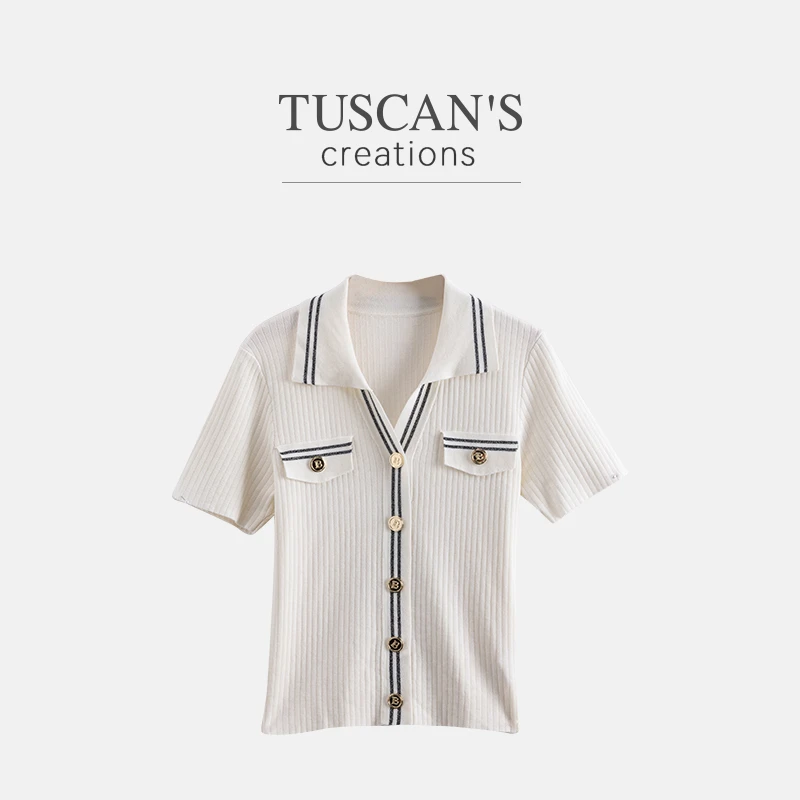 TUSCAN'S CREATIONS夏季小香风薄款条纹翻领短袖针织衫时代集团