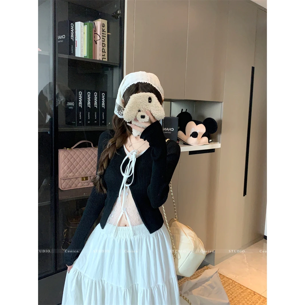 韩系辣妹风蕾丝假两件长袖针织衫女春秋修身显瘦纯欲系带气质上衣