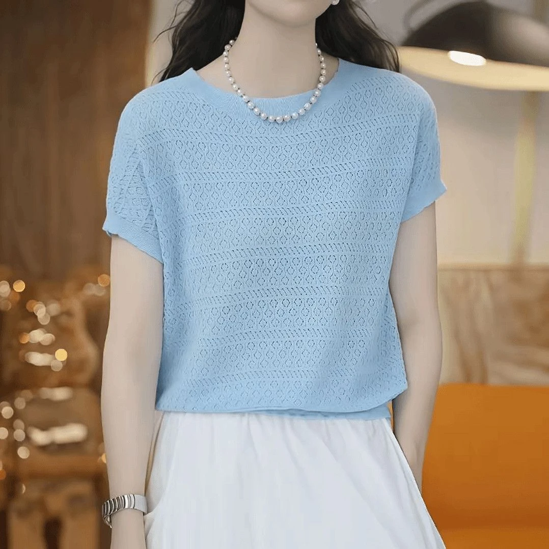 2025夏季新款网红爆款时尚洋气镂空圆领针织衫女中年妈妈针织上衣