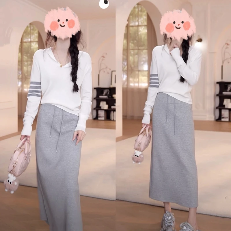 2025春夏季新款四条纹帽衫长袖T恤+显瘦抽绳高腰半身裙两件套