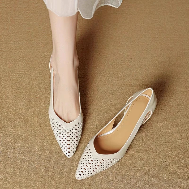 真皮法式镂空尖头细跟包头凉鞋女2025夏季新款洞洞高跟鞋浅口单鞋