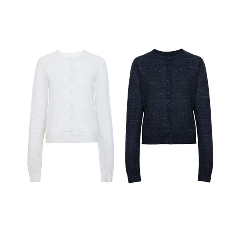 TRACY CHU混毛麻通勤办公百搭薄款圆领开衫浅灰色/炭黑色秋冬新款