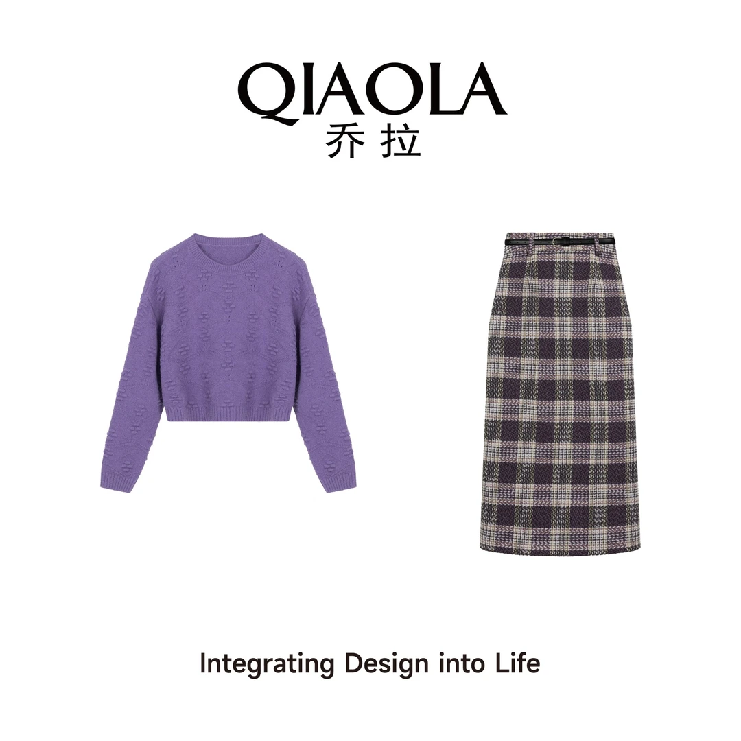 QIAOLA/乔拉【紫藤之恋】秋冬季北极绒立体花朵格纹A版时尚套装
