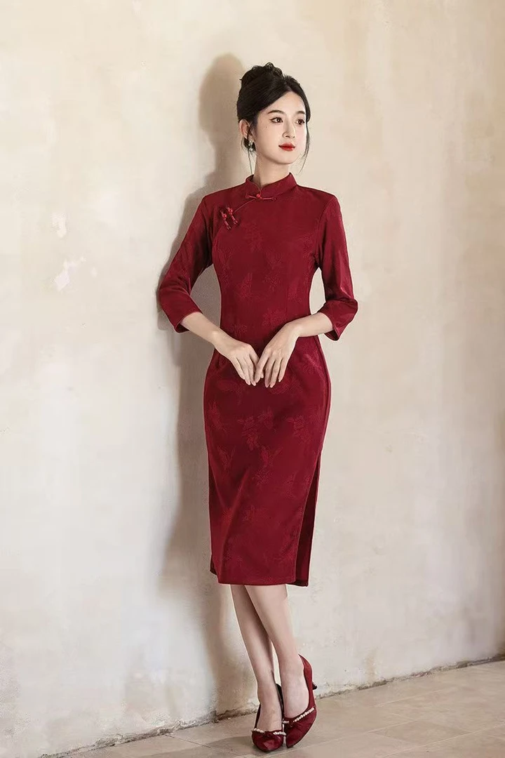 2025秋款小个子旗袍中长改良款显瘦七分袖提花款裙长105