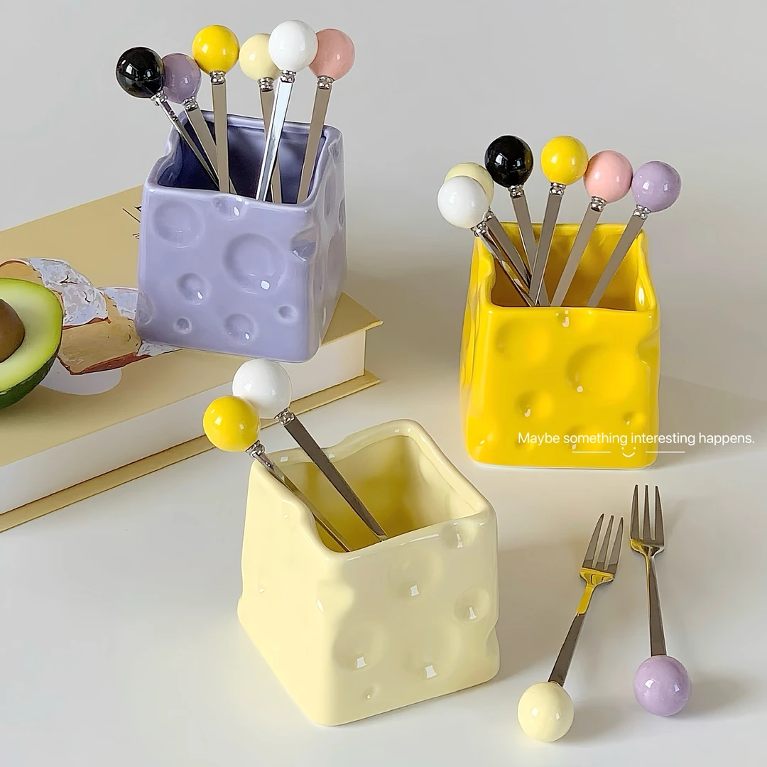 水果叉不锈钢高级感家用甜品小叉子多功能奶酪收纳罐笔筒化妆刷罐