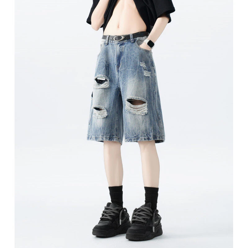 破洞牛仔短裤男小众夏季新款水洗做旧美式高街vibe宽松设计五分裤