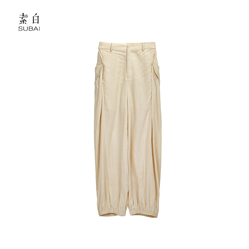 素白高腰显瘦【阳光】K01448时尚百搭松紧腰宽松莱赛尔运动感休闲裤