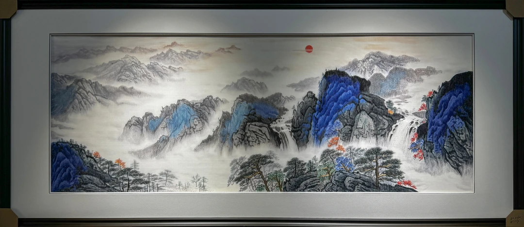 【日出东方】纯手工刺绣苏绣山水背景茶室办公室客厅画芯60*160cm