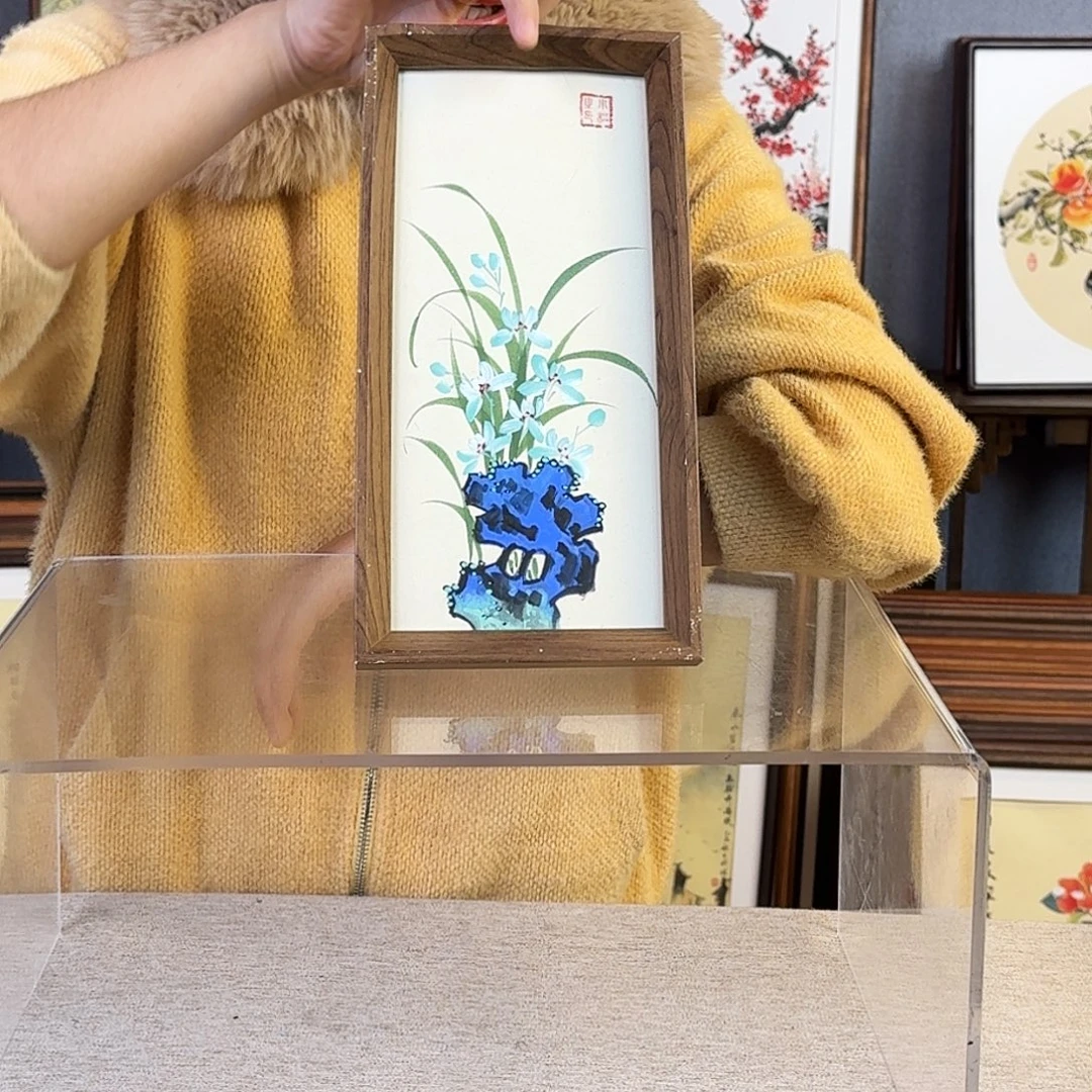 国画纯手绘，纯手写带框尺寸：16×29厘米