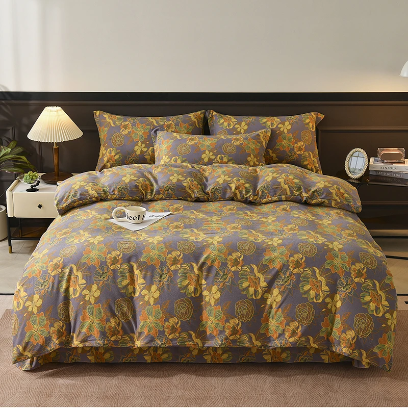 新款轻奢双层纱亲肤棉被套四件套床上用品床品被子印花床上四件套