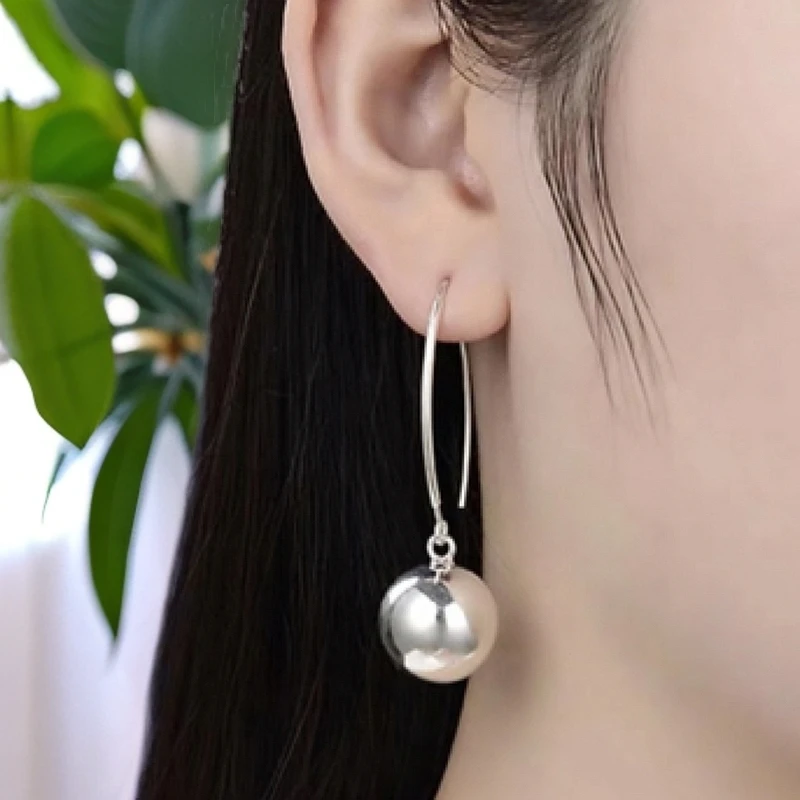 足银耳饰 s925银圆珠耳环女长款纯银韩版大圆球耳环光球气质百搭