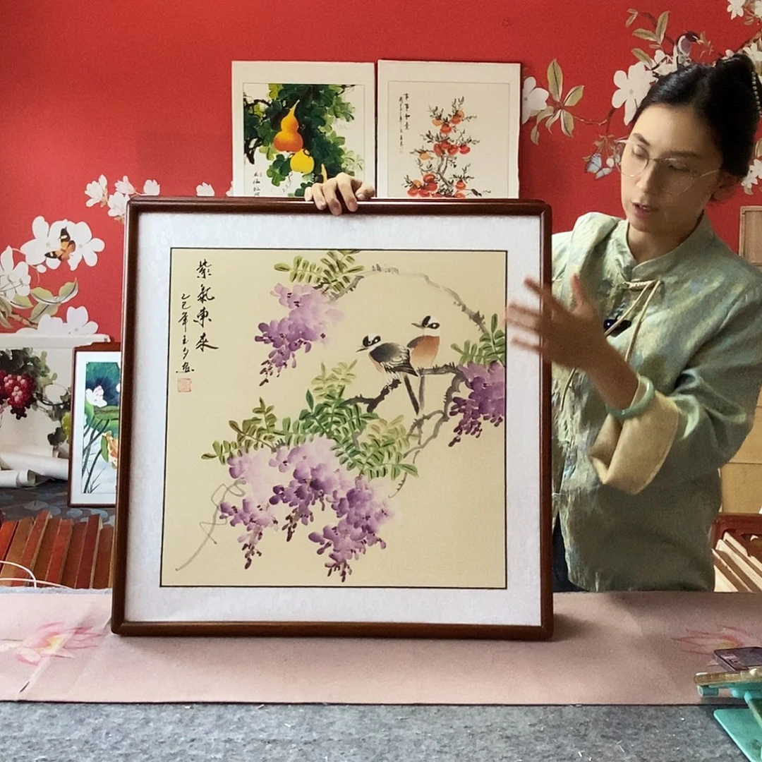 国画手写手绘国画作品带框包邮62✖️62
