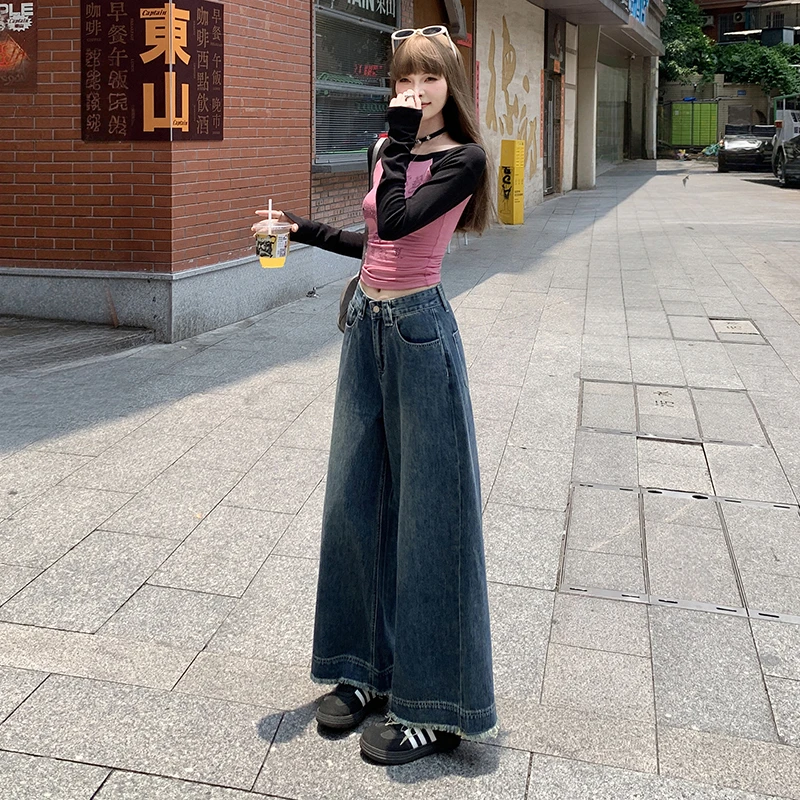 2025秋装#复古美式阔腿牛仔裤女高腰宽松显瘦流苏毛边复古直筒裤