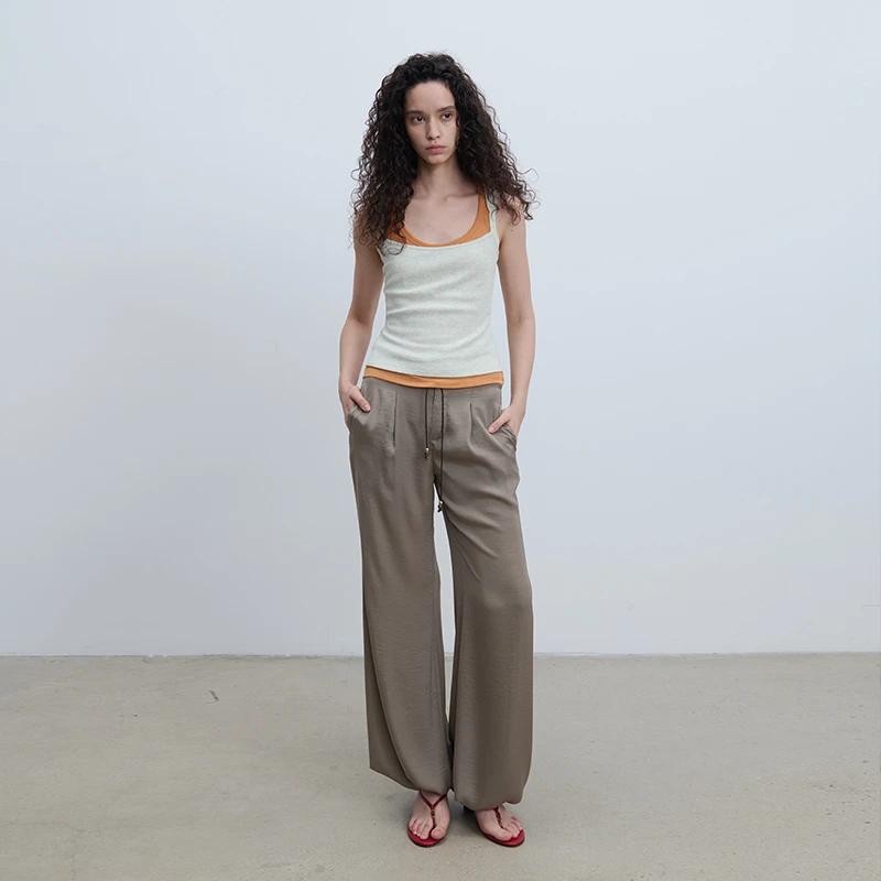 轻松缎感系带束脚喇叭裤 卡其/黑灰