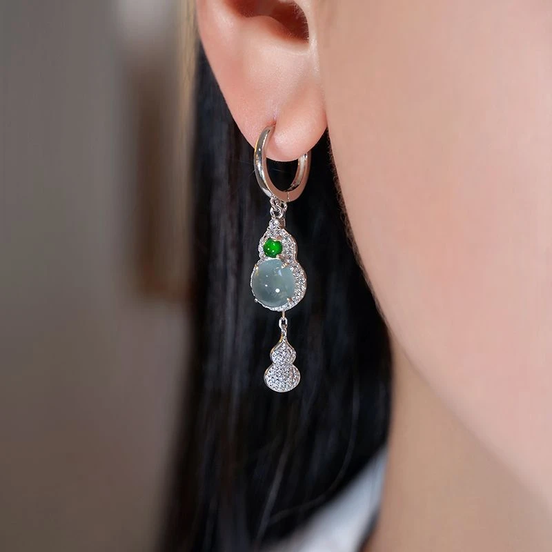 铜合金耳饰 新中式葫芦耳坠绿色透亮镶嵌款优雅气质高级感耳环女.