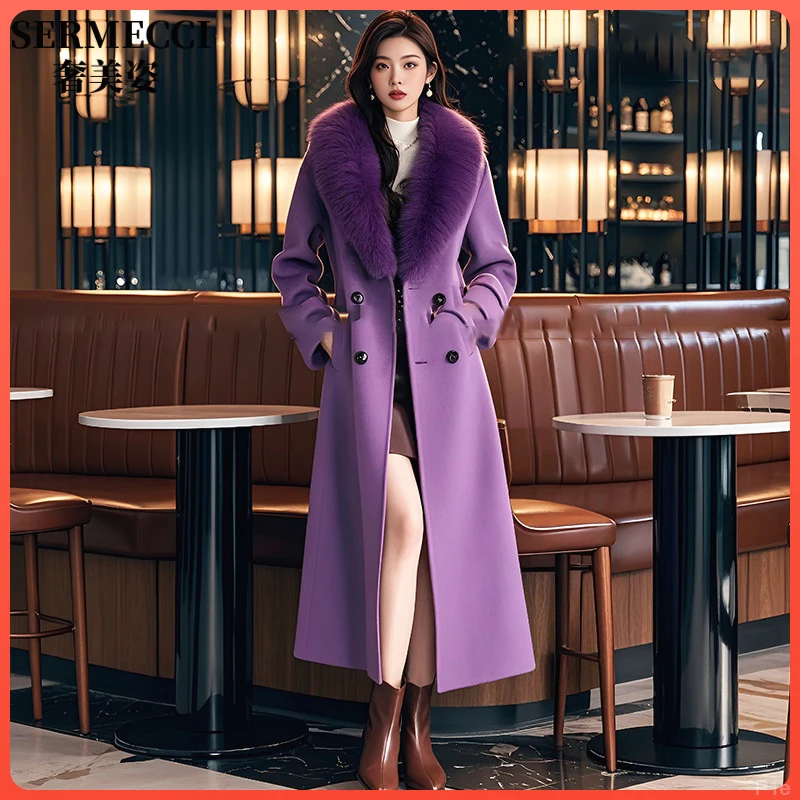 冬季新款高端名媛贵妇加厚修身显瘦领毛呢大衣超长款过膝呢子外套