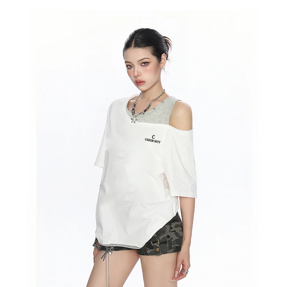 新款夏季新款露肩假两件短袖t恤潮流高级感网红时尚炸街新款女装