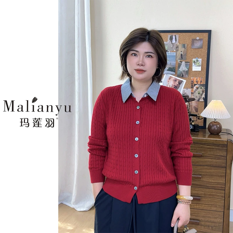 玛莲羽大码宽松针织保暖秋冬女翻领毛针织衫拼接针织衫长袖25280