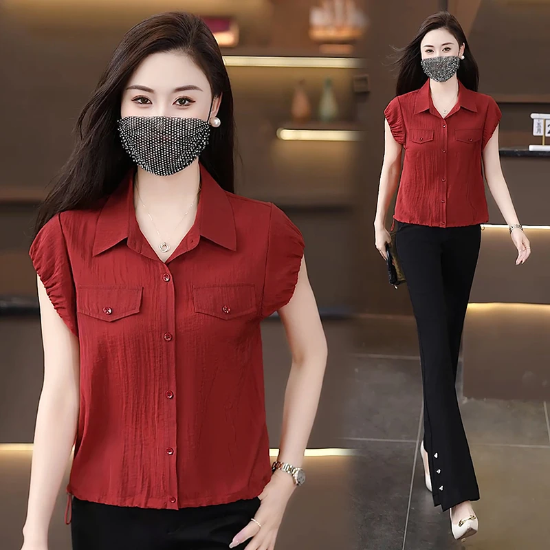 纯色短袖纽扣薄款衬衫女2025夏季新款洋气减龄衬衣妈妈装洋气小衫