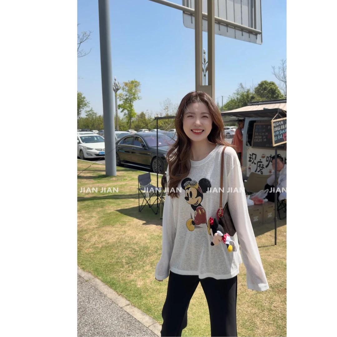 剪剪家【飞行米奇】26年春夏新款宽松卡通印花长袖T恤女打底衫T1062