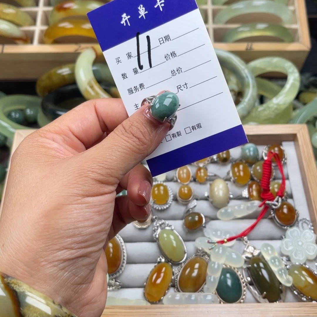 蛇纹石玉银S925镶嵌戒指?****?