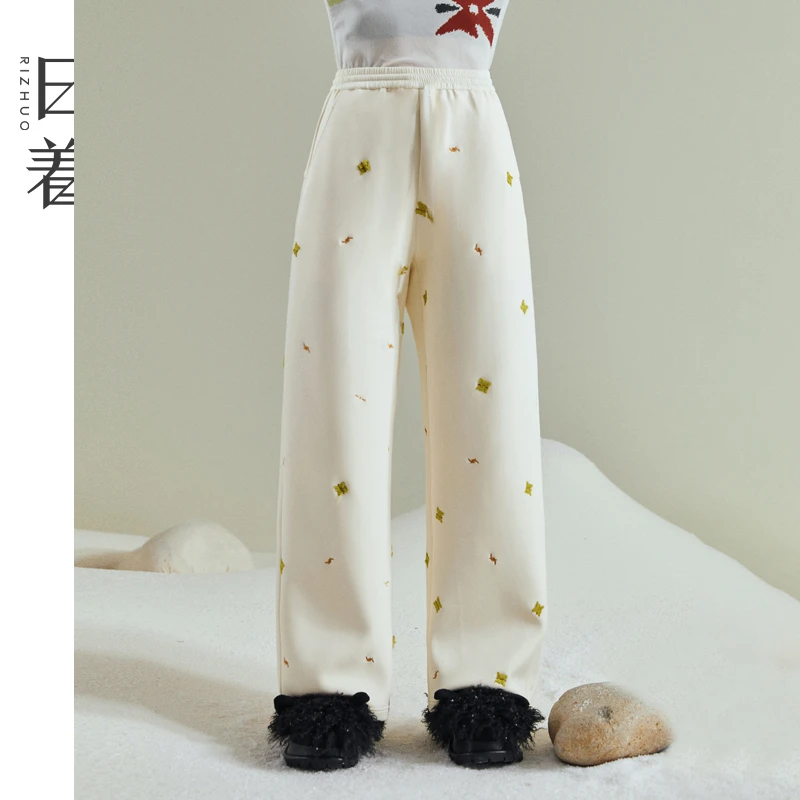 日着趣雪怪休闲裤2025新款秋季绣花空气层阔腿长裤子女RD8141K0