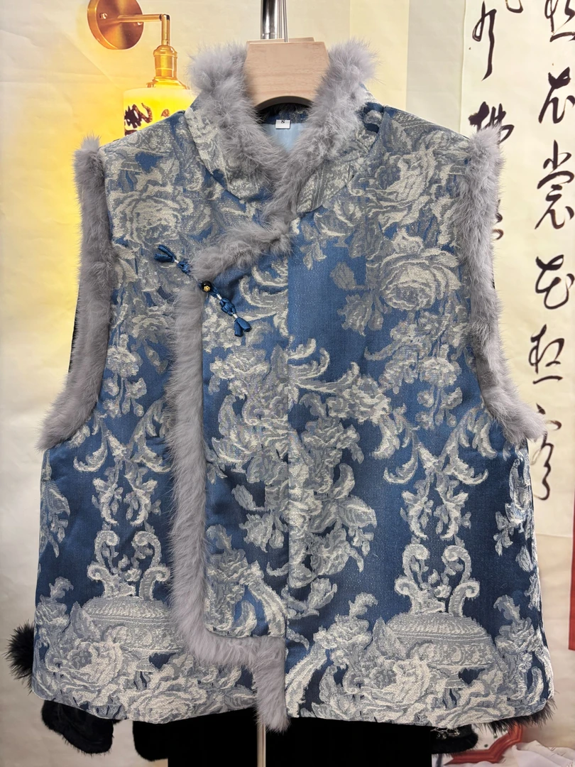 民族风常规款唐装圆领立领加绒毛领提花文艺风马夹