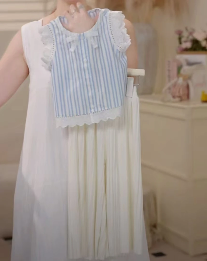 2025夏季韩版清新蓝条纹蕾丝拼接背心冰冰裤套装25418D