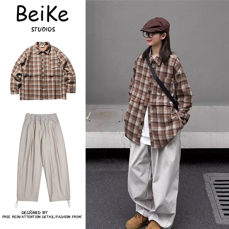 两件装/秋冬新品日系复古格子加厚加绒衬衫秋冬毛呢外套宽松衬衣