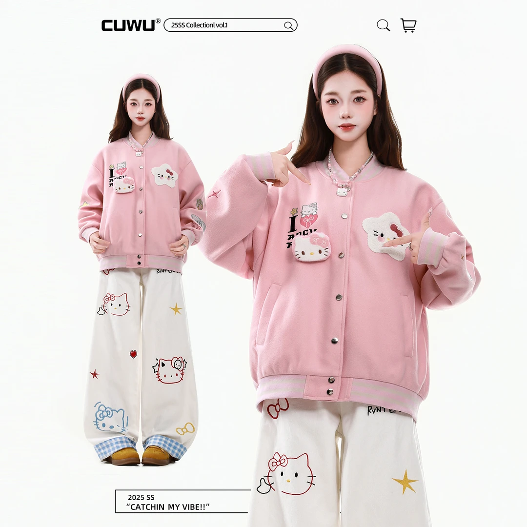 cuwu甜酷粉色kitty猫刺绣棒球服女男秋季外套宽松显瘦休闲夹克ins