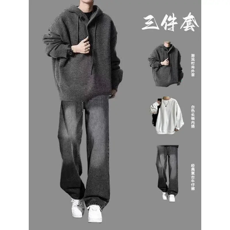 美式复古连帽毛衣男秋冬季潮牌慵懒高级感针织衫外套男生穿搭潮流