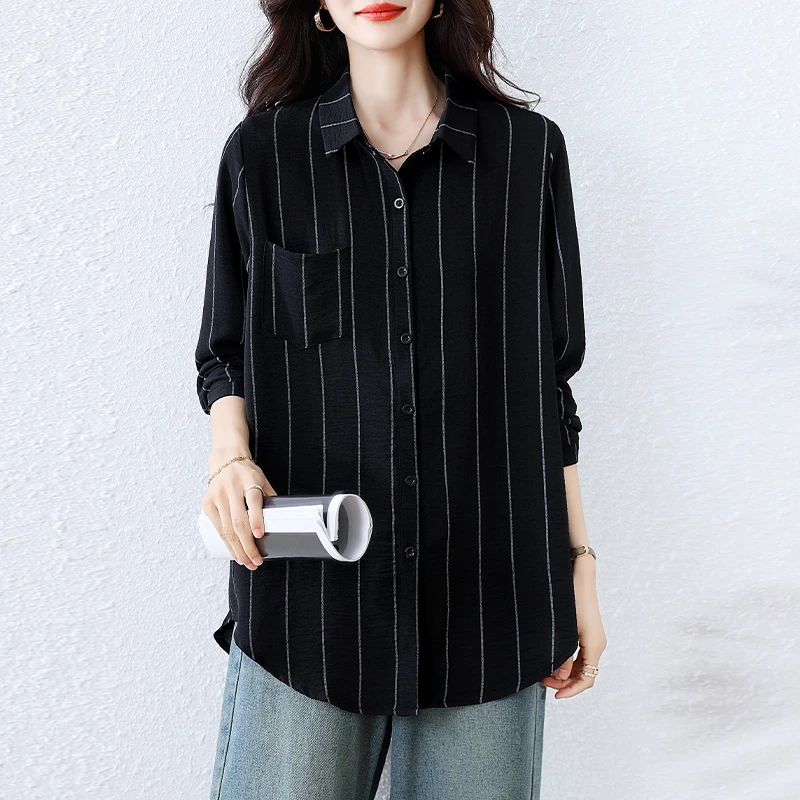 【女神新衣】条纹翻领中长款宽松洋气韩版百搭长袖显瘦时尚休闲大衫