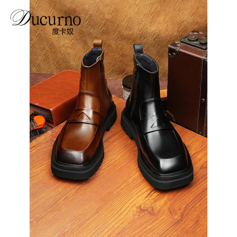 马丁靴男款2025新款高端大头高帮皮鞋中帮男靴子方头复古切尔西靴
