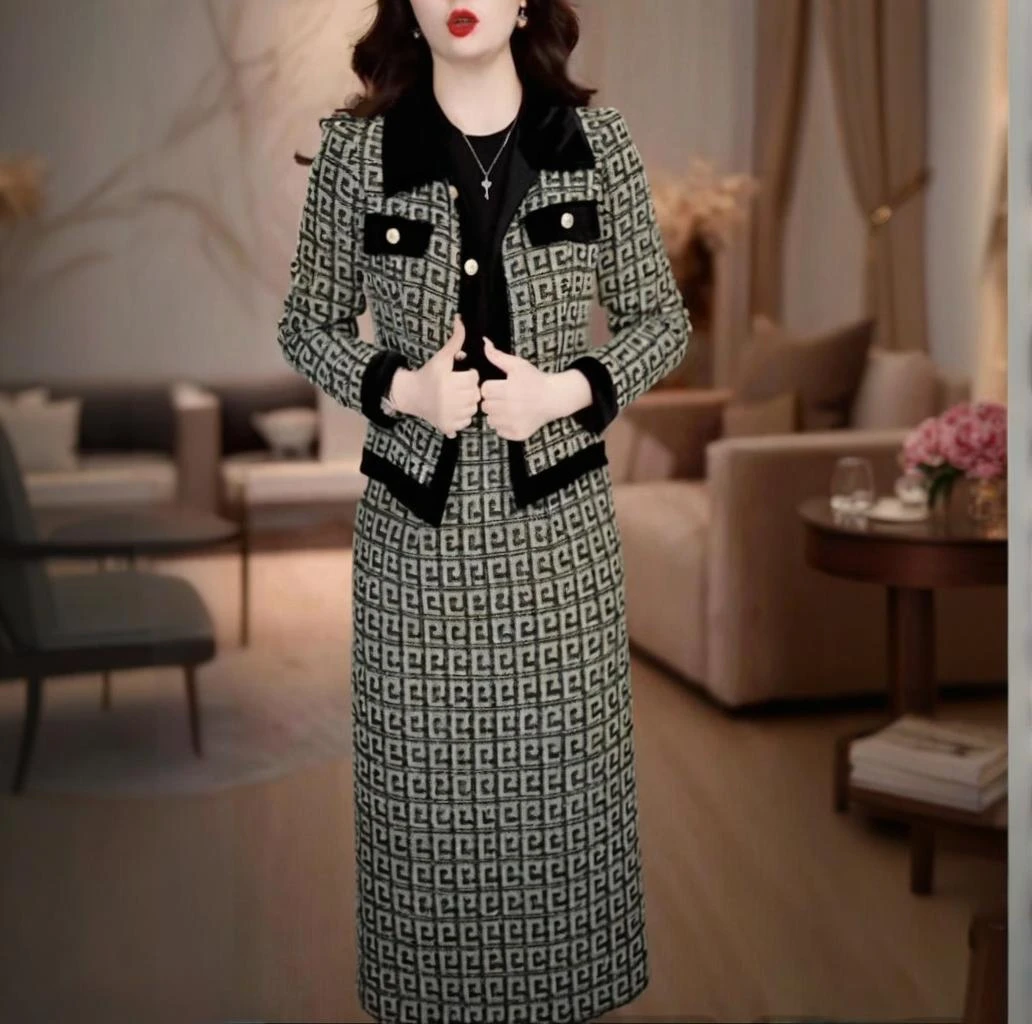 左曼气质轻奢优雅小香风时尚套装2025秋冬新款修身两件套连衣裙