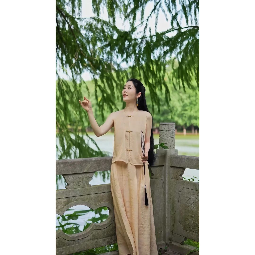 【月满弦】夏季新中式纯色复古无袖宽松禅意显瘦长款套装