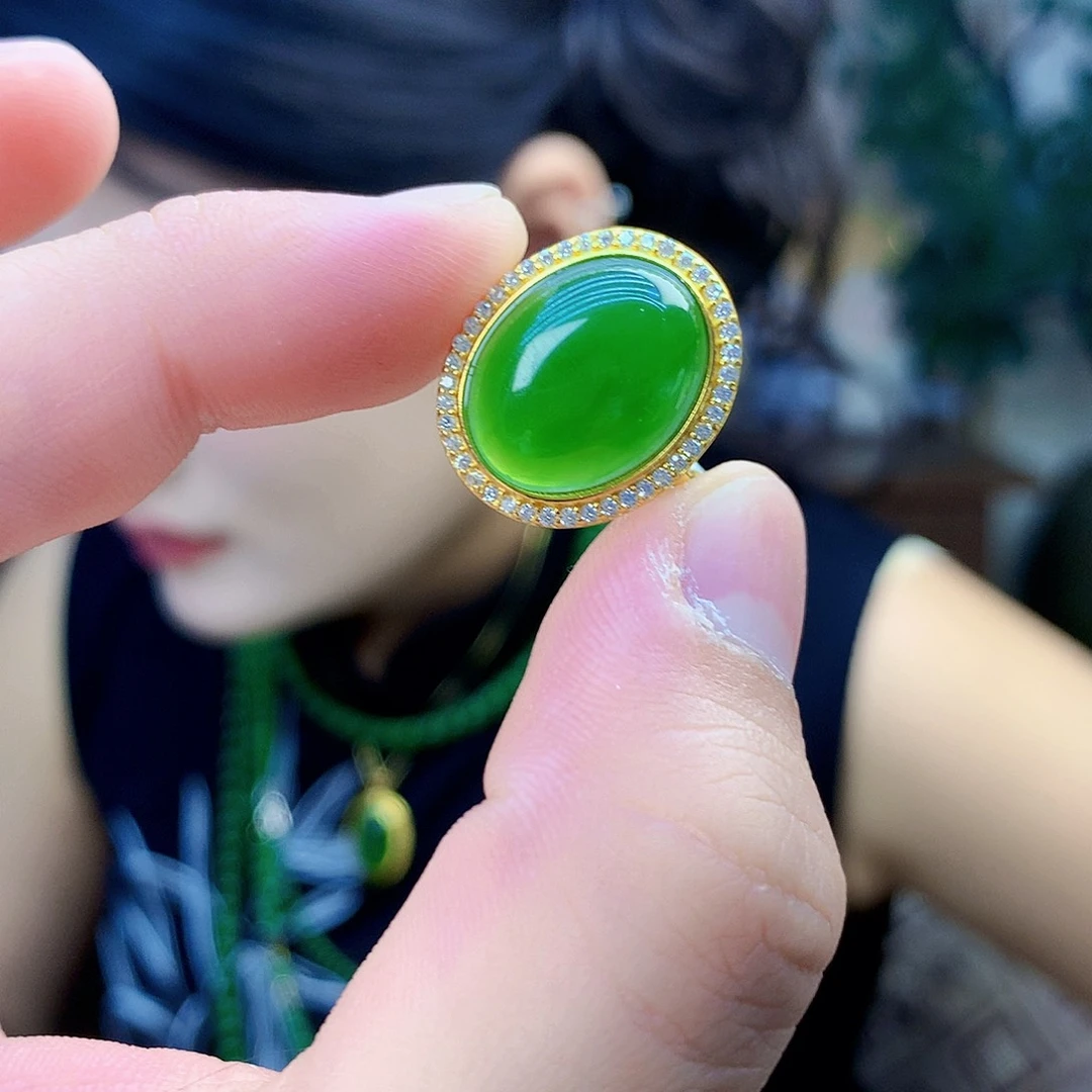 吊坠(不含链)银S925镶嵌和田玉（碧玉）戒指