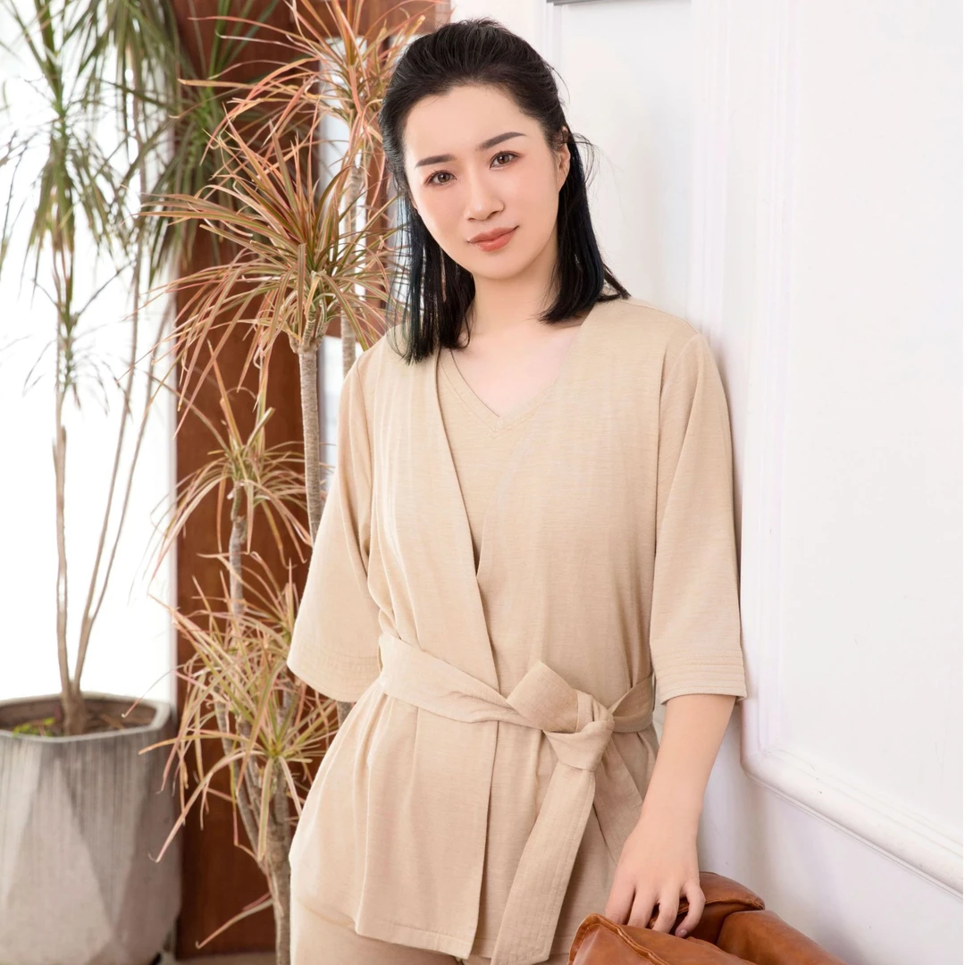 櫟丝御锦柞蚕丝薄款女简约系绳气质家居睡衣C801