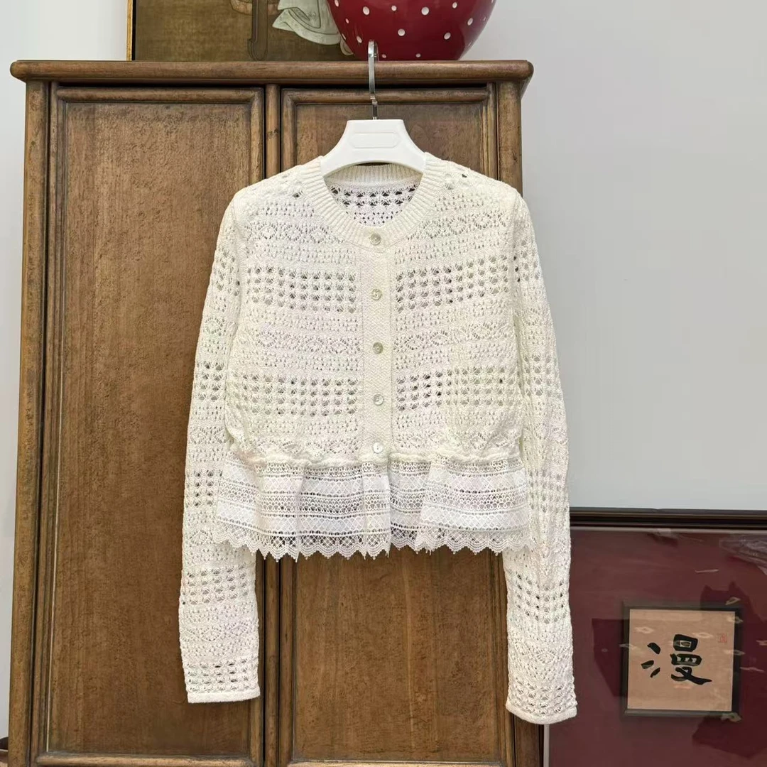 MYL2025春季新品棉混纺镂空拼接针织开衫宽松百搭针织上衣