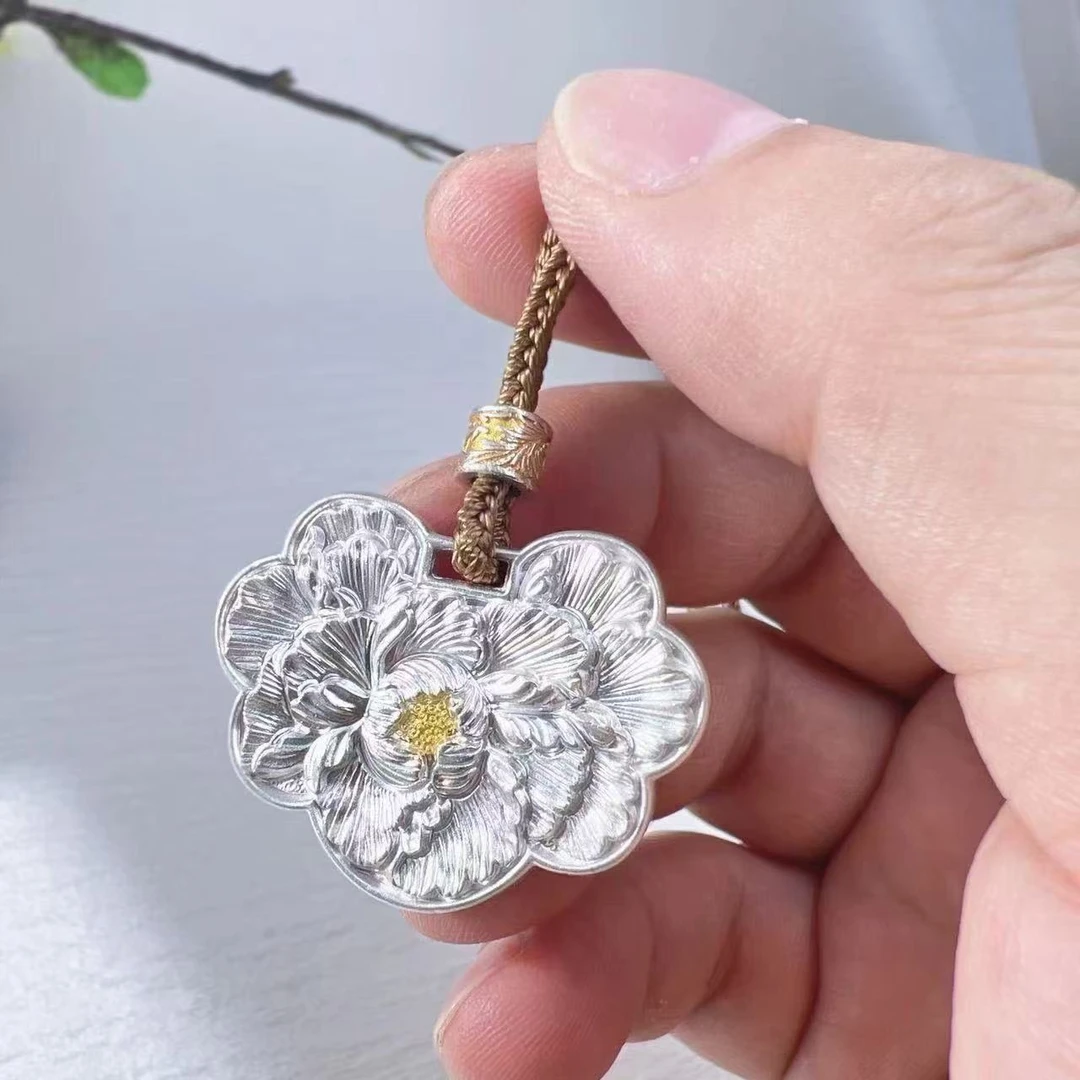 国潮分色牡丹花吊坠新中式国潮双面实心坠送女友礼物轻奢饰品