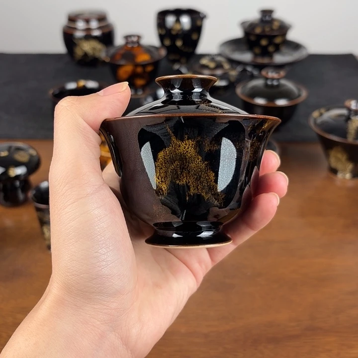 瓷洒彩鹧鸪斑二才元宝盖碗