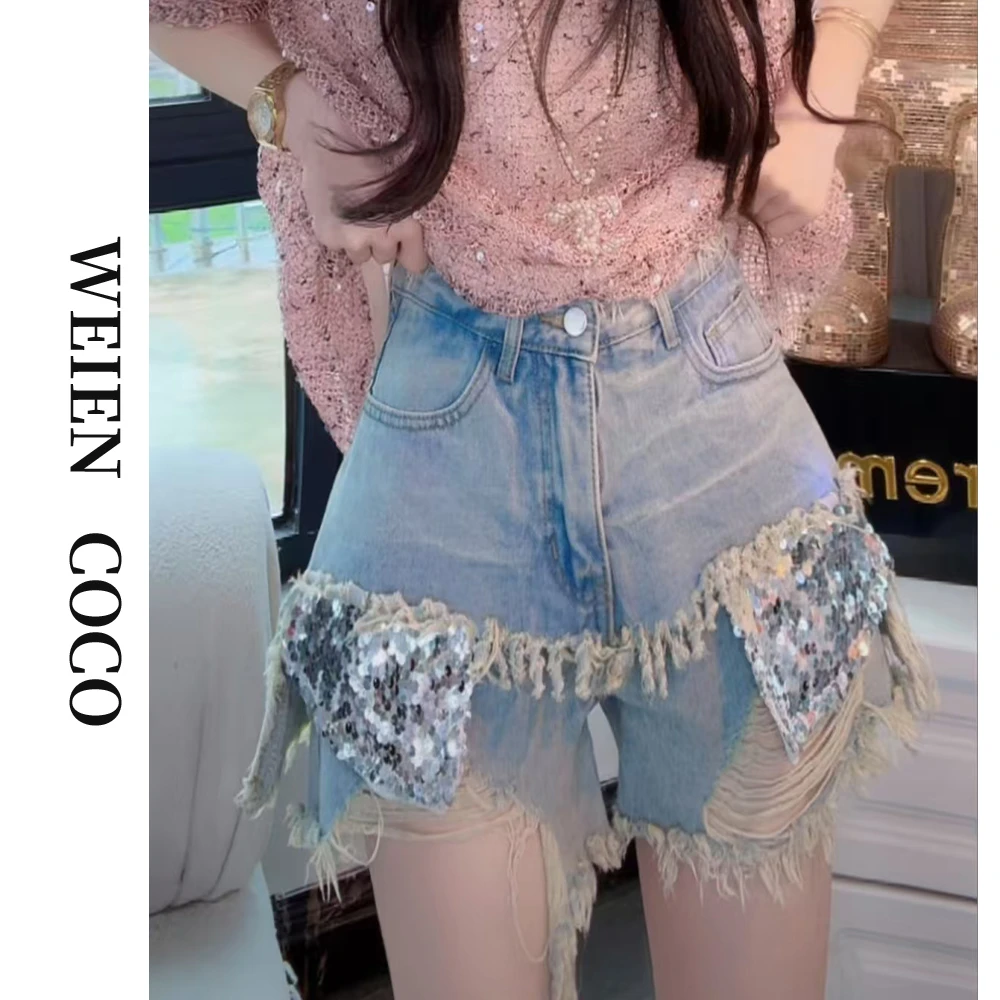 【薇恩COCO】亮片显瘦高腰毛边短裤休闲百搭潮流韩版春夏短裤K1475