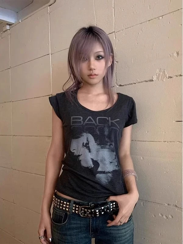 美式复古灰色短袖t恤女夏季新款设计感人像印花短袖高街辣妹上衣