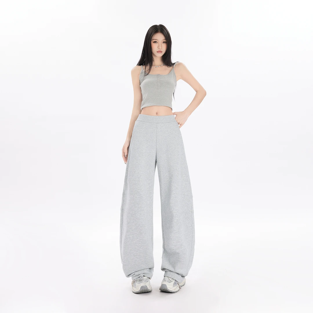 哥弟阿玛施正个性弯刀香蕉裤女简约纯色显瘦休闲长裤宽松灰色卫裤