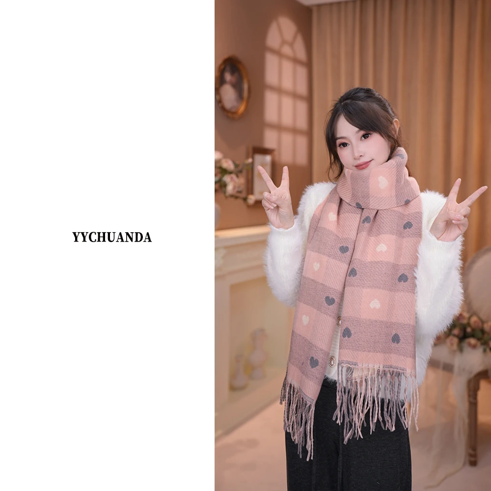 2025秋冬新款韩版百搭网红奶油风爱心格情侣保暖围巾围脖